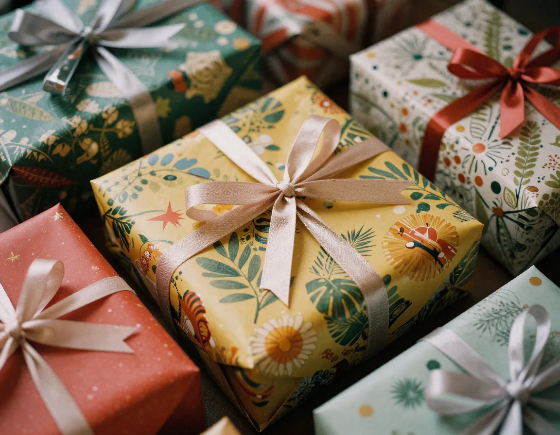 Festive celebration gift wrapping with vibrant colors and decorative elements